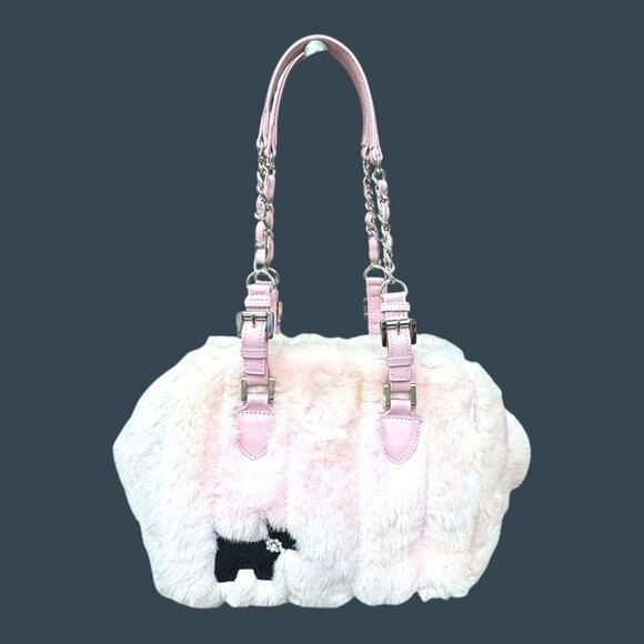My Flat In London Scottie Purse Pink Faux Fur Pink Handbag Chain Straps Y2K Boho - Picture 1 of 10